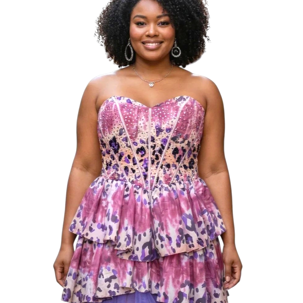 12 Hannah S Purple and Pink Cheetah Strapless Dress with Floral Accents